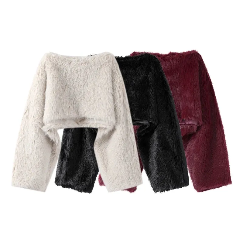 Elegant Faux fur Crop Top long sleeve fluffy faux fur top