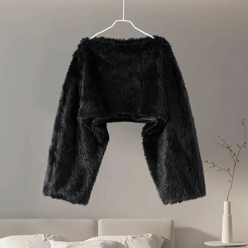 Elegant Faux fur Crop Top long sleeve fluffy faux fur top