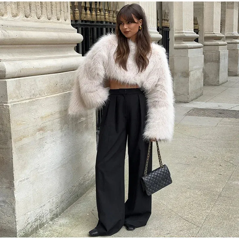 Elegant Faux fur Crop Top long sleeve fluffy faux fur top
