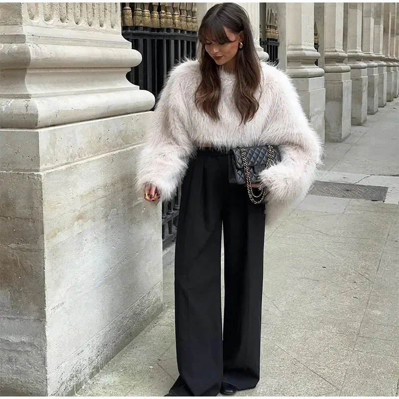 Elegant Faux fur Crop Top long sleeve fluffy faux fur top