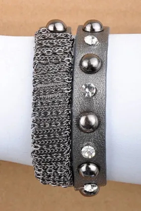 Gunmetal Leather with Crystals & Chain Bracelet