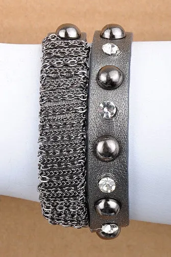Gunmetal Leather with Crystals & Chain Bracelet