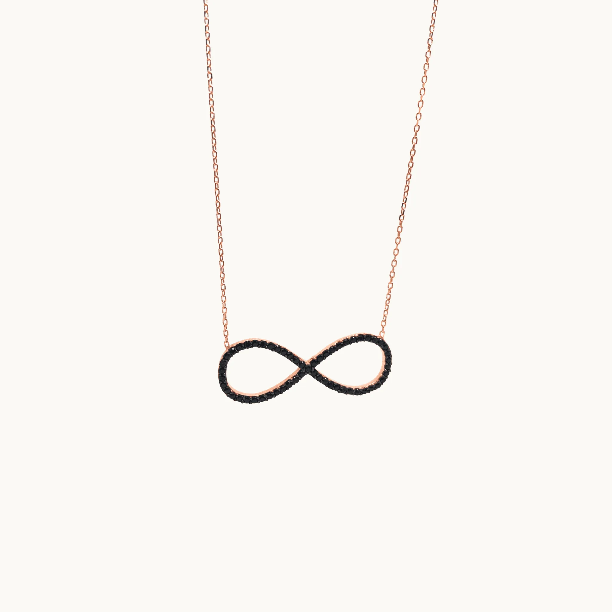 Italian Sterling Silver Infinity Necklace in Rose Gold and Black Stones