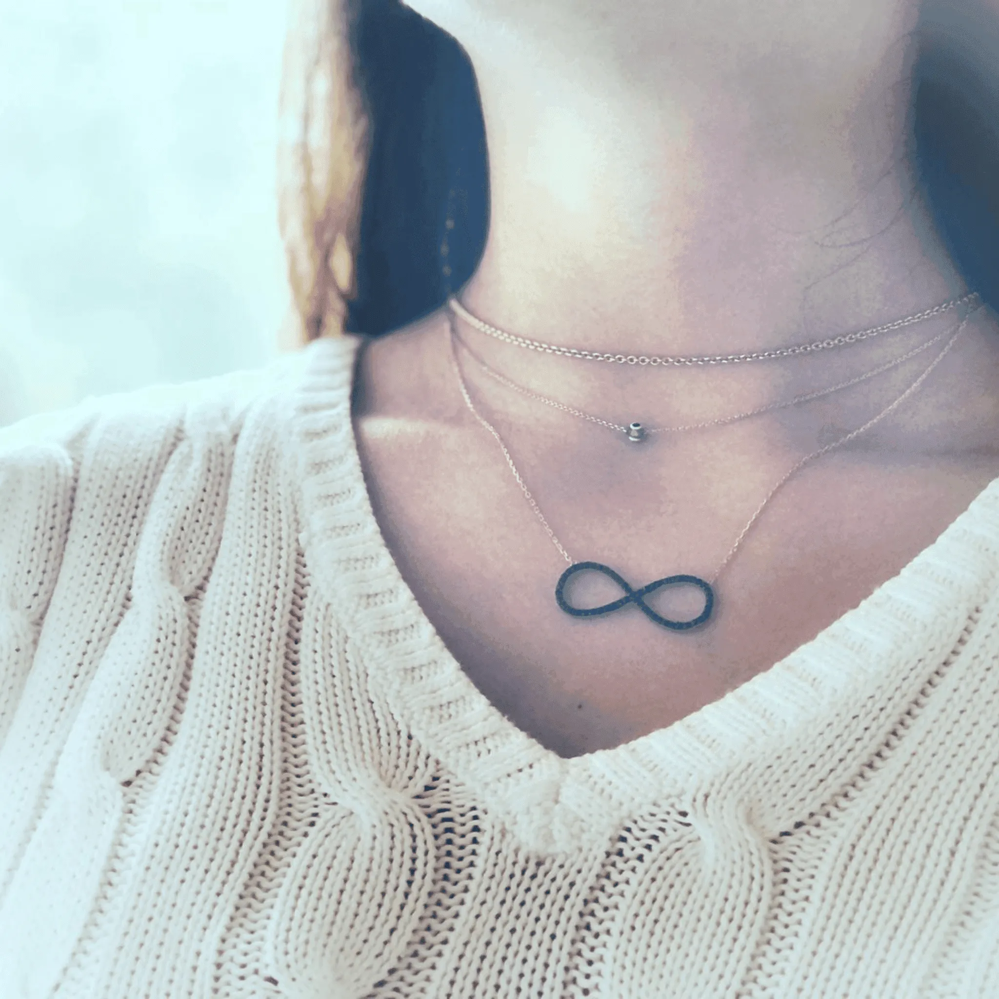 Italian Sterling Silver Infinity Necklace in Rose Gold and Black Stones