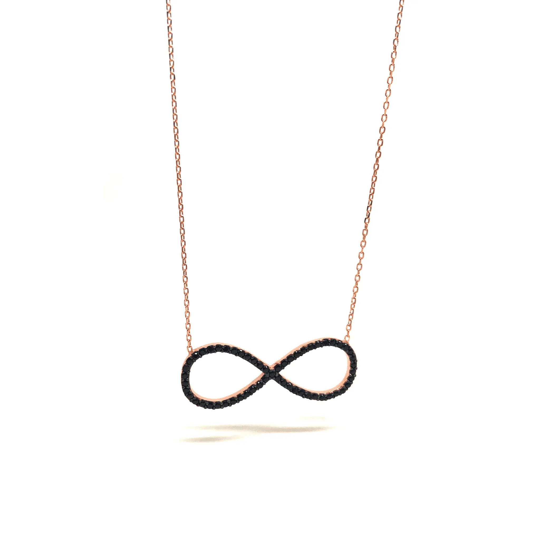 Italian Sterling Silver Infinity Necklace in Rose Gold and Black Stones
