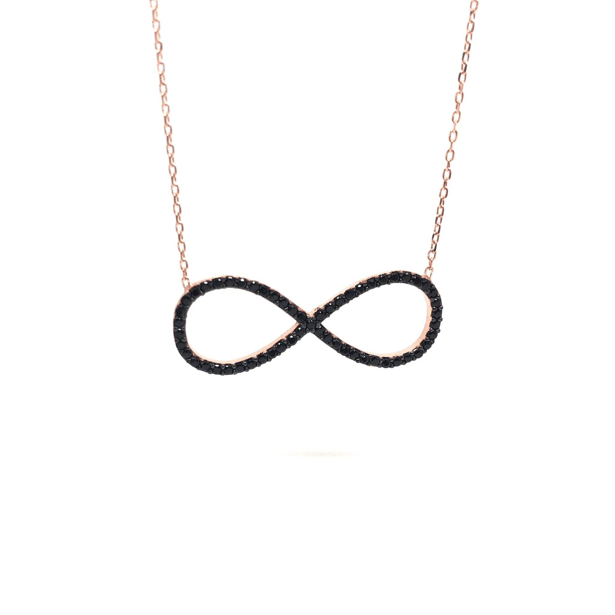 Italian Sterling Silver Infinity Necklace in Rose Gold and Black Stones