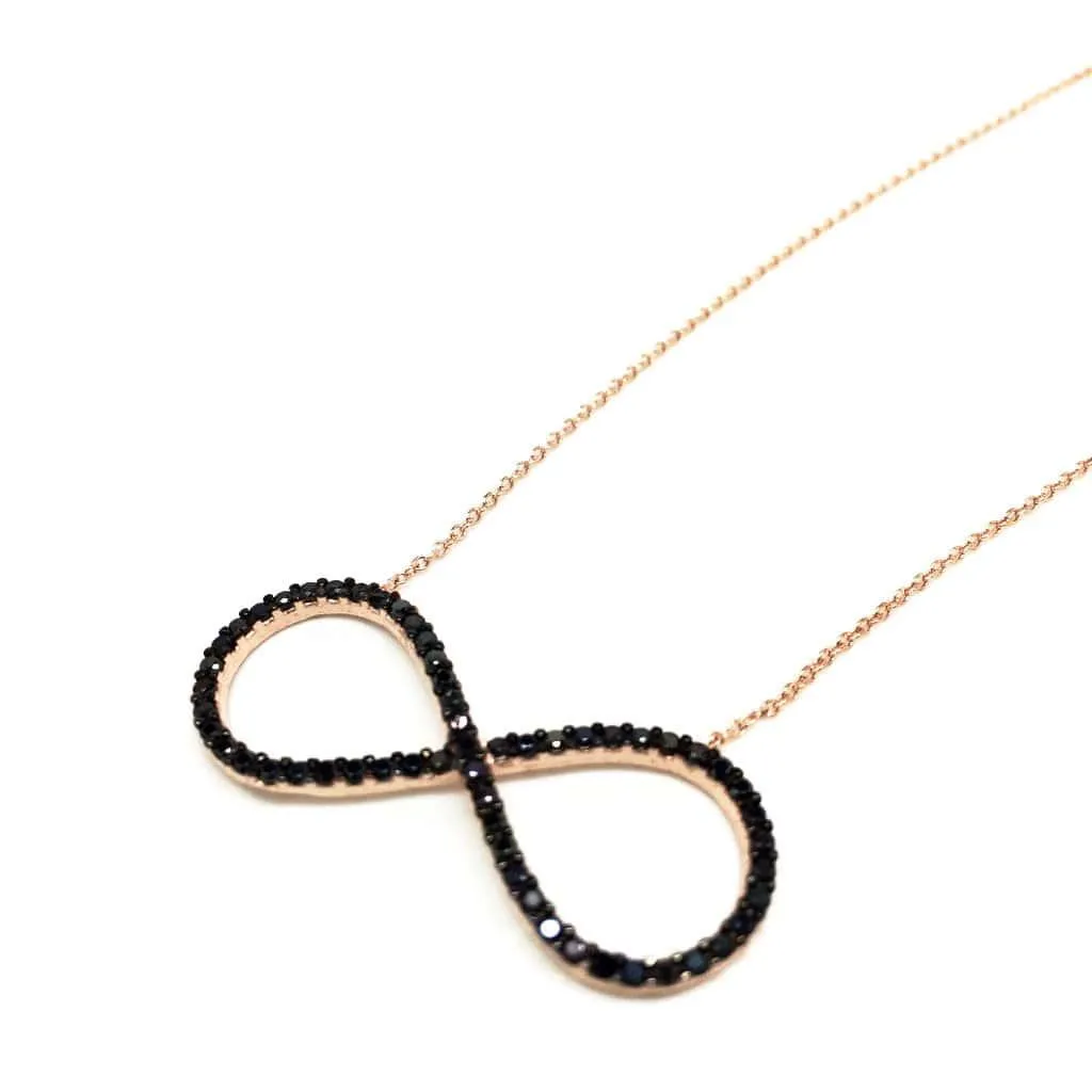 Italian Sterling Silver Infinity Necklace in Rose Gold and Black Stones