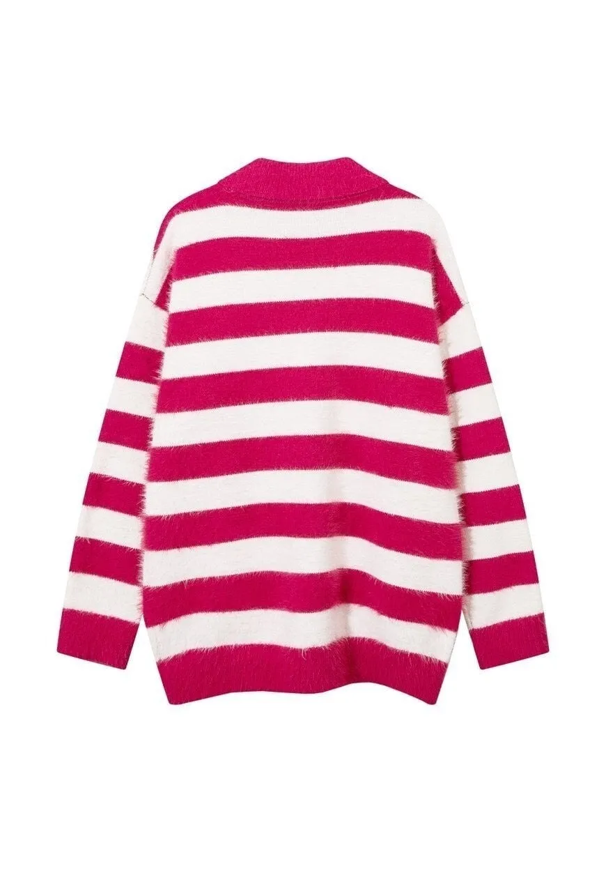 Knitted polo shirt long sleeve striped jumper fluffy top