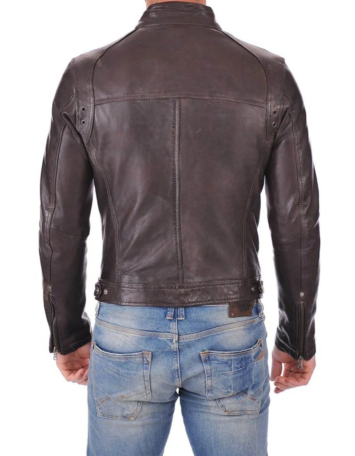 Men’s Genuine Lambskin Leather Chocolate Brown Bomber Slim Fit Biker Leather Jacket