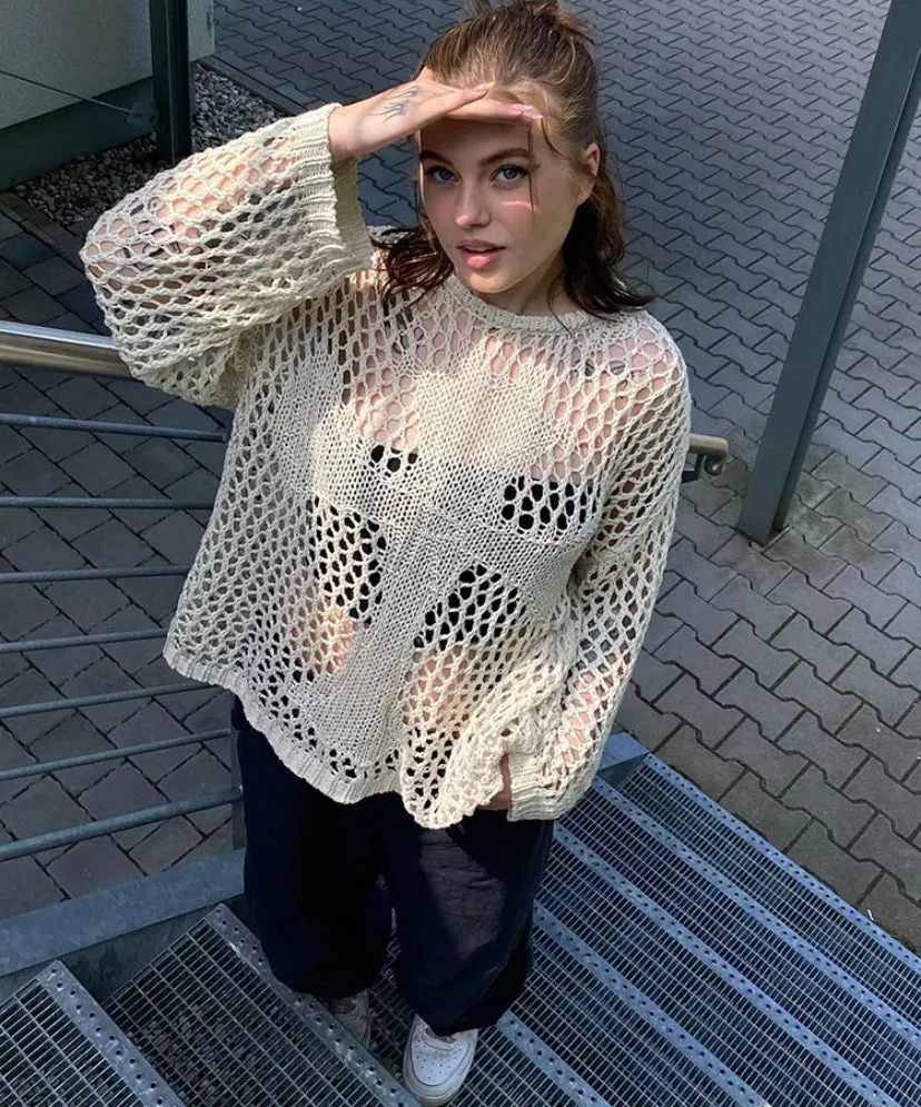Mesh Knitted Cross Print Jumper