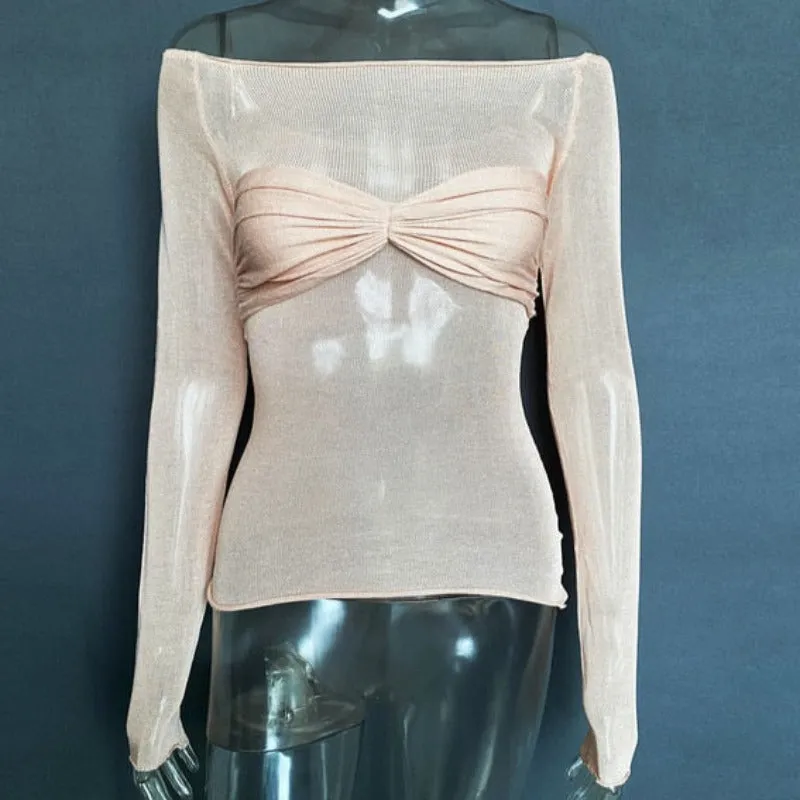 Mesh Off Shoulder Long Sleeve Knit Top