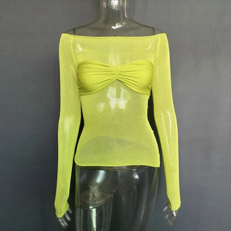 Mesh Off Shoulder Long Sleeve Knit Top