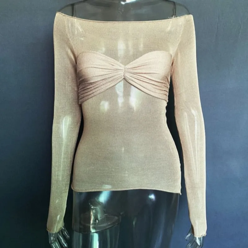 Mesh Off Shoulder Long Sleeve Knit Top