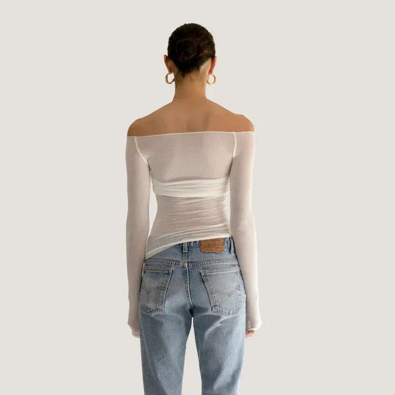 Mesh Off Shoulder Long Sleeve Knit Top
