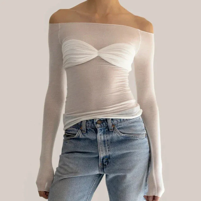 Mesh Off Shoulder Long Sleeve Knit Top