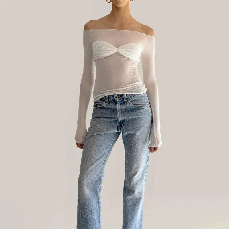 Mesh Off Shoulder Long Sleeve Knit Top
