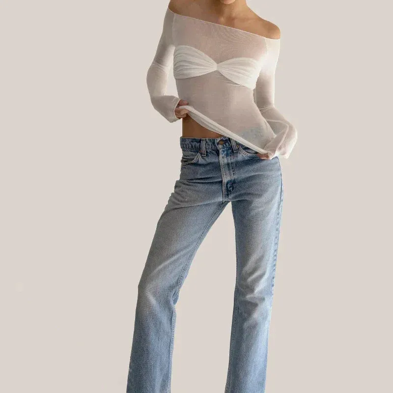 Mesh Off Shoulder Long Sleeve Knit Top