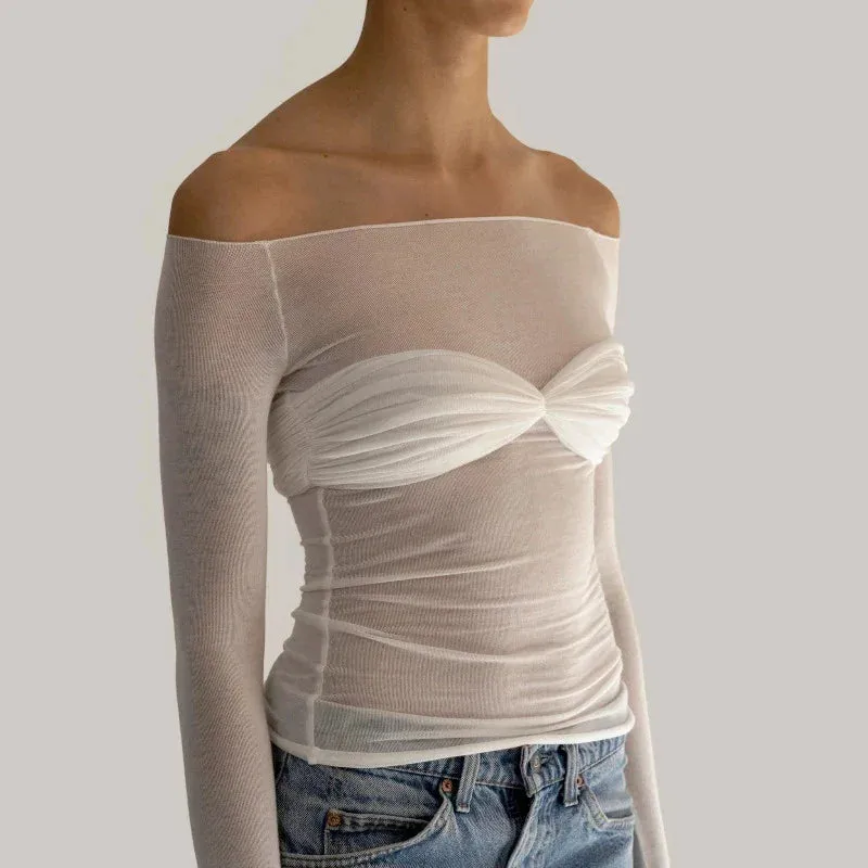 Mesh Off Shoulder Long Sleeve Knit Top