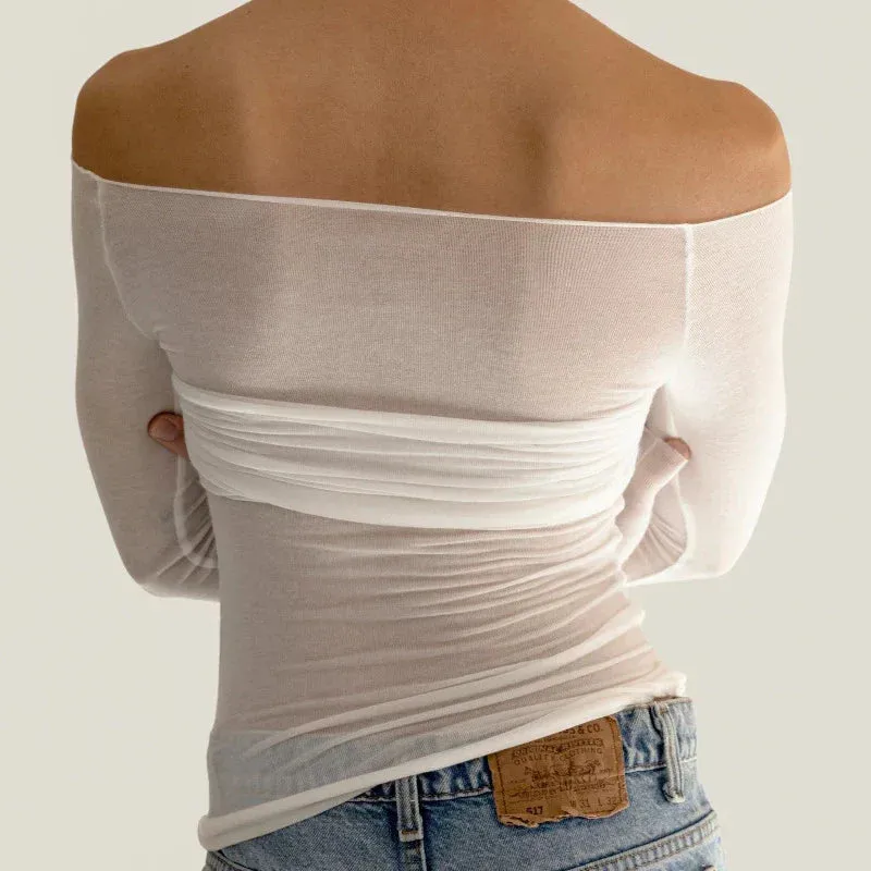 Mesh Off Shoulder Long Sleeve Knit Top