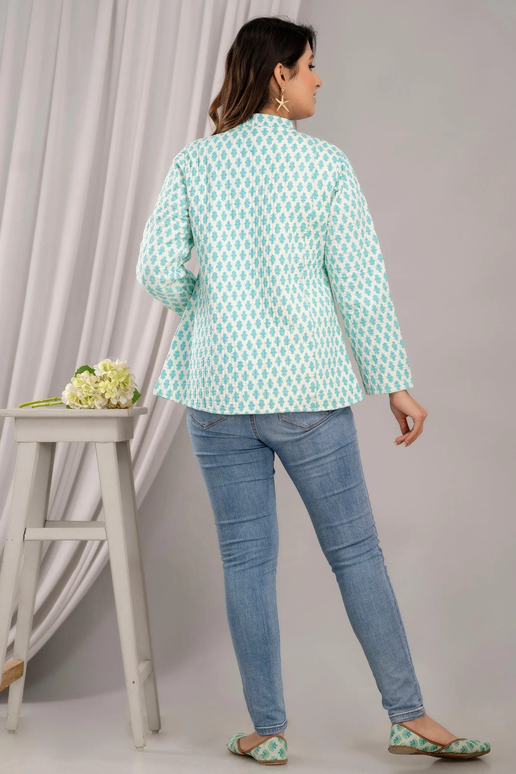 Women Printed Lightweight Cotton Quilted Turquoise Blue Jacket - SHKL1024