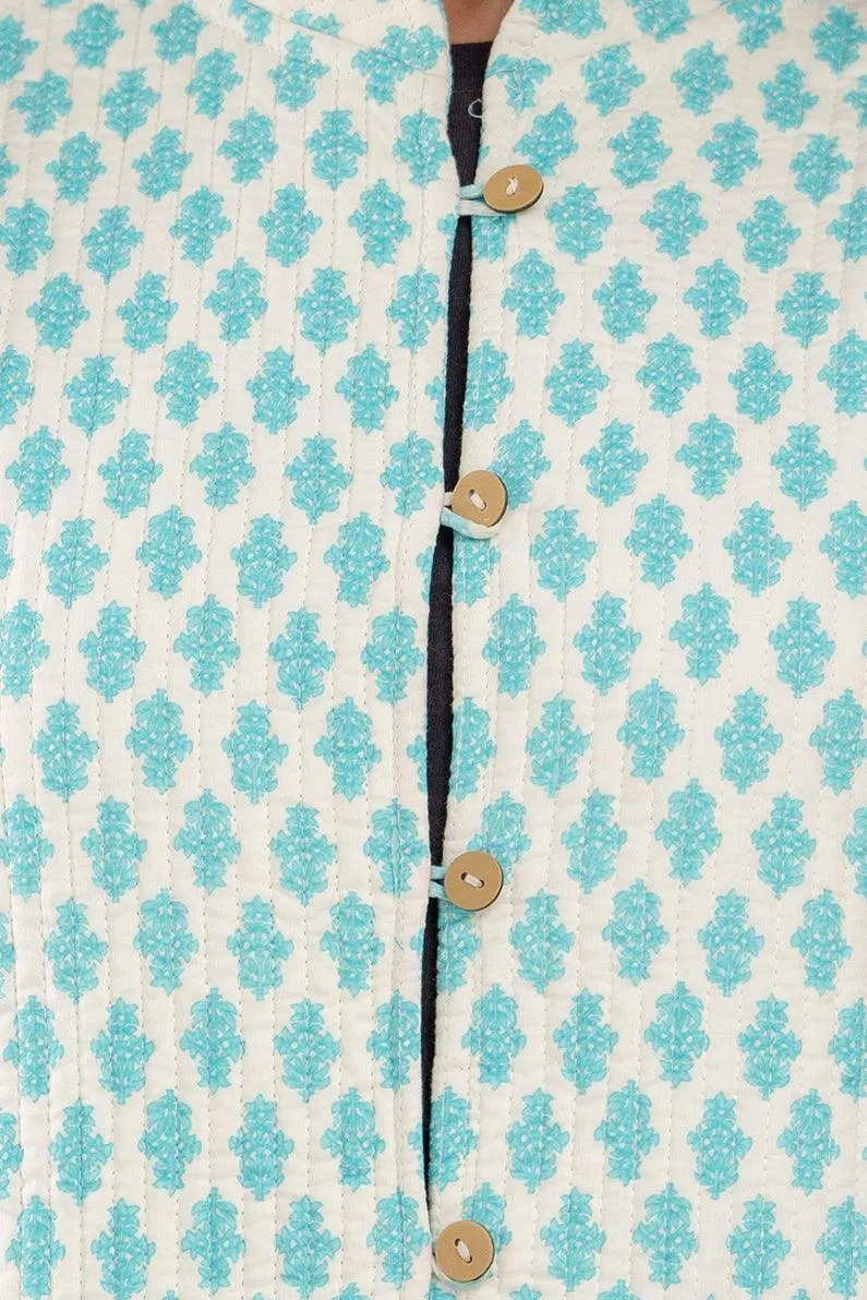 Women Printed Lightweight Cotton Quilted Turquoise Blue Jacket - SHKL1024