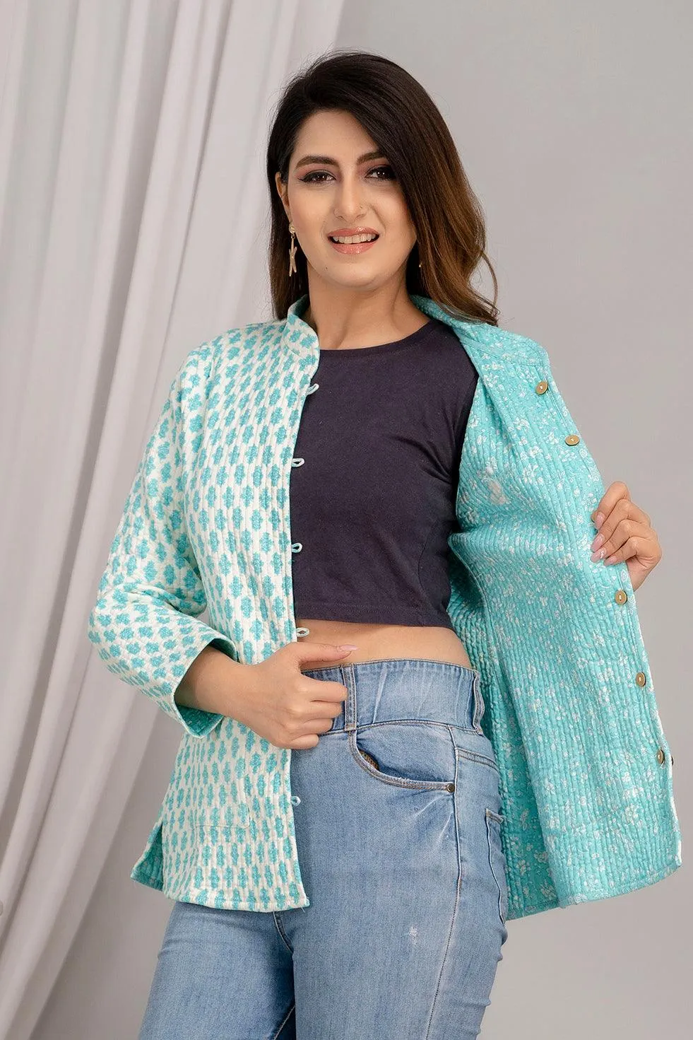 Women Printed Lightweight Cotton Quilted Turquoise Blue Jacket - SHKL1024