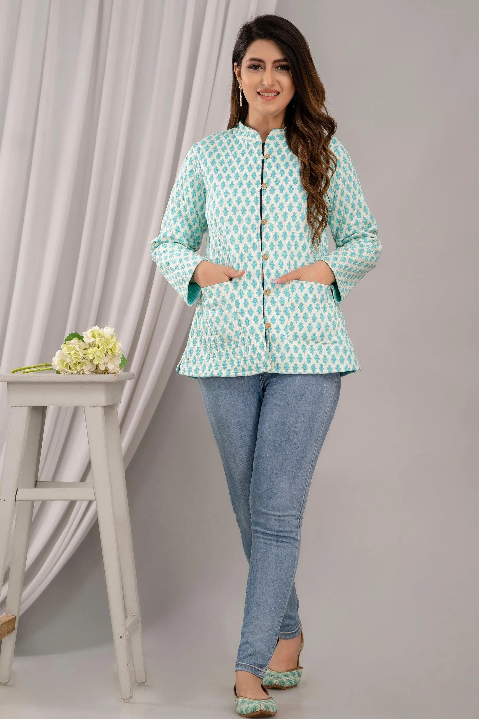 Women Printed Lightweight Cotton Quilted Turquoise Blue Jacket - SHKL1024
