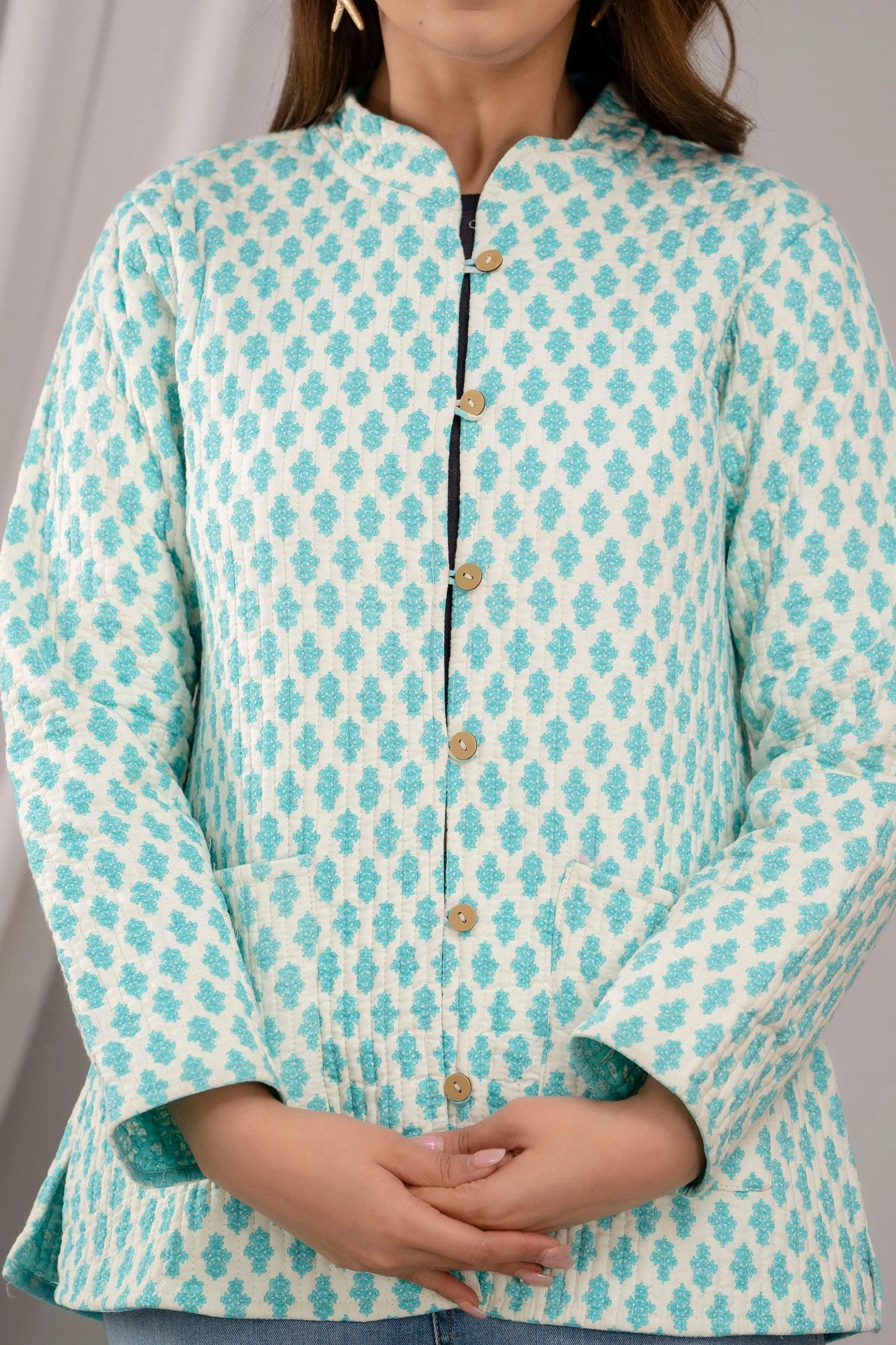 Women Printed Lightweight Cotton Quilted Turquoise Blue Jacket - SHKL1024