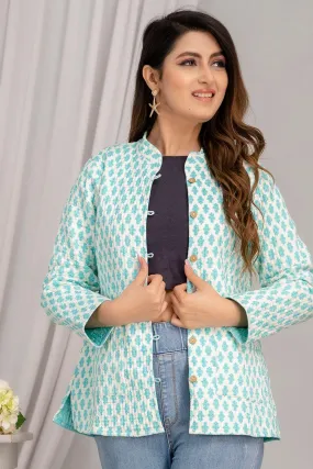 Women Printed Lightweight Cotton Quilted Turquoise Blue Jacket - SHKL1024